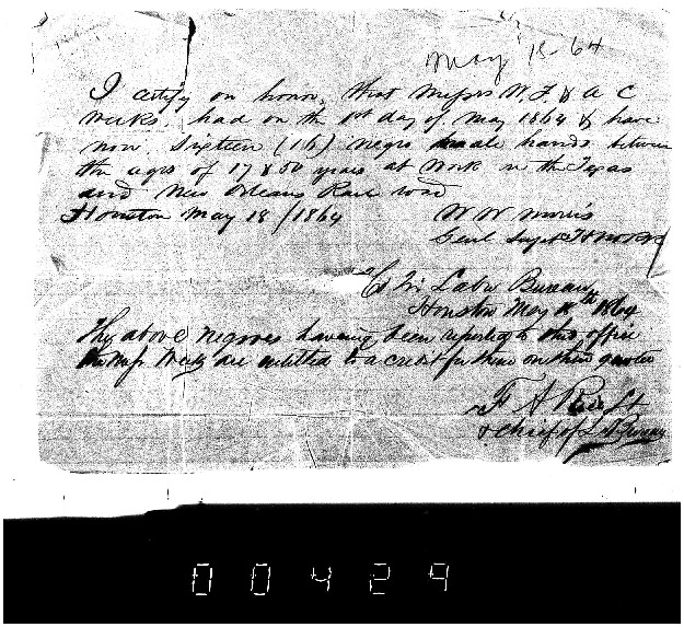 Certificate of Slaves Hired by WF Weeks to Railroad, May 18, 1864, Weeks Family Papers, Reel 18, Frame 429.pdf