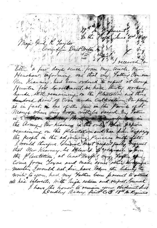 Dudley Avery to General R. Taylor, June 2, 1864, Avery Family Papers, Records of the Antebellum Southern Plantations, Series J, Part 5, Reel 11, Frame 603.pdf
