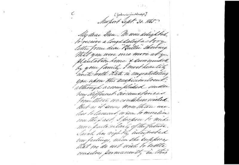 John Winthrop to DD Avery, September 30, 1865, Avery Family Papers, Records of the Antebellum Southern Plantations, Series J, Part 5, Reel 11, Frames 693-695.pdf